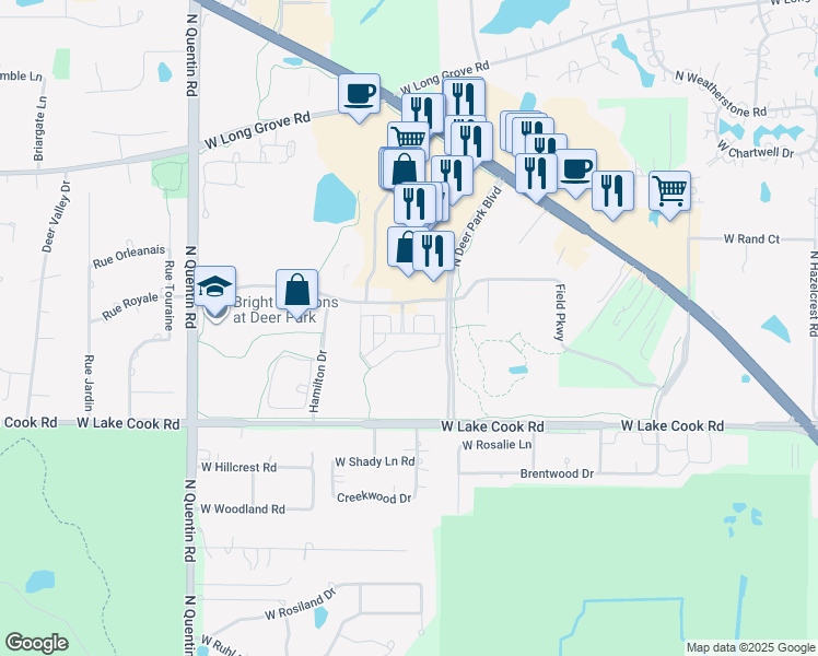 map of restaurants, bars, coffee shops, grocery stores, and more near 21519 West Field Court in Deer Park
