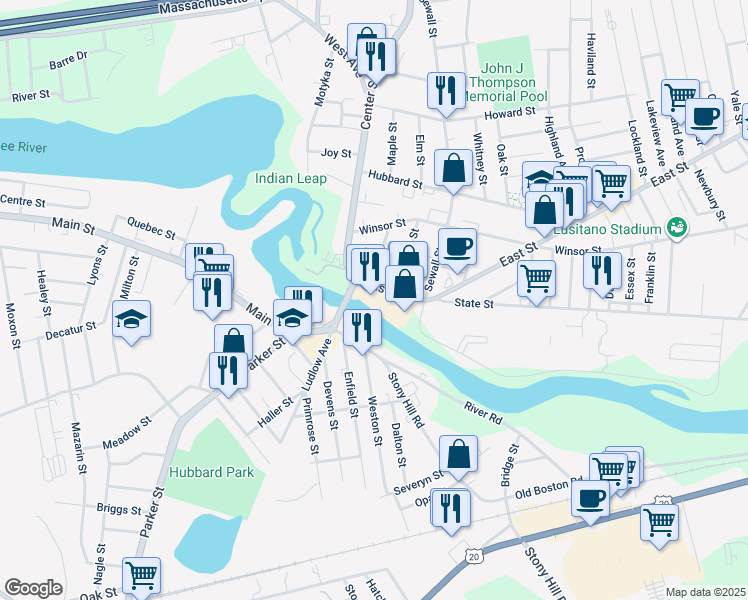 map of restaurants, bars, coffee shops, grocery stores, and more near 54 East Street in Ludlow