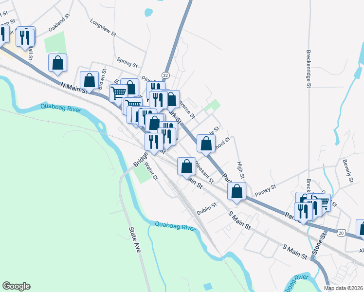 map of restaurants, bars, coffee shops, grocery stores, and more near 1056 Pleasant Street in Palmer