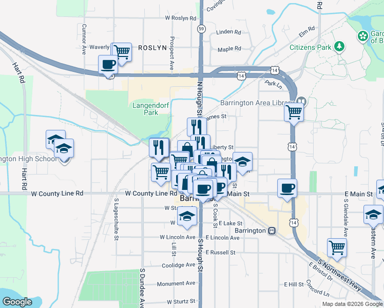 map of restaurants, bars, coffee shops, grocery stores, and more near 101 West Liberty Street in Barrington