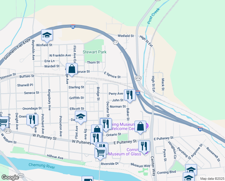 map of restaurants, bars, coffee shops, grocery stores, and more near 242 Decatur Street in Corning