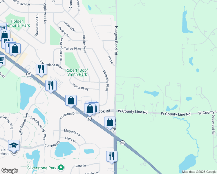 map of restaurants, bars, coffee shops, grocery stores, and more near 1533 Yosemite Way in Pingree Grove