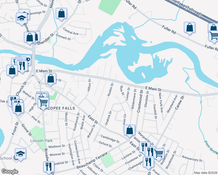 map of restaurants, bars, coffee shops, grocery stores, and more near 61 Sunnyside Street in Chicopee