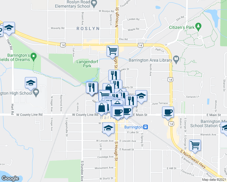 map of restaurants, bars, coffee shops, grocery stores, and more near 200 North Hough Street in Barrington