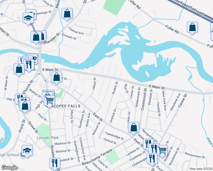 map of restaurants, bars, coffee shops, grocery stores, and more near 61 Sunnyside Street in Chicopee