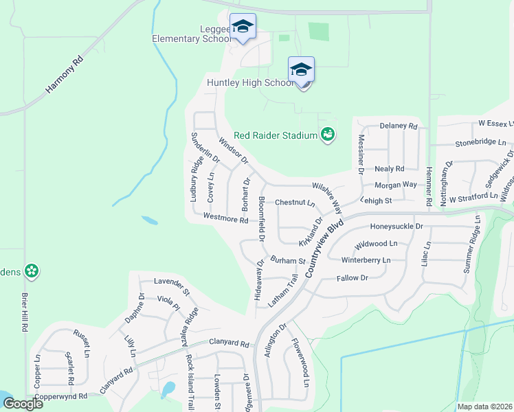map of restaurants, bars, coffee shops, grocery stores, and more near 13898 Westmore Road in Huntley