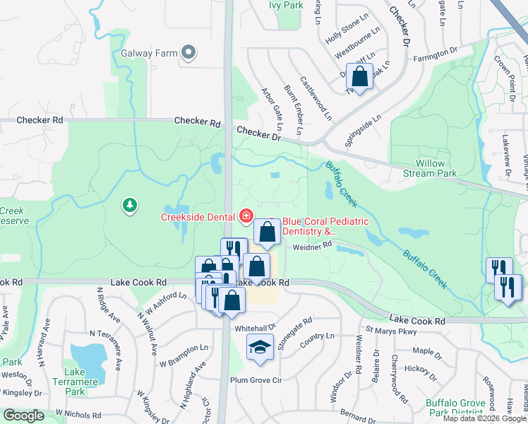 map of restaurants, bars, coffee shops, grocery stores, and more near 262 Appletree Court in Buffalo Grove