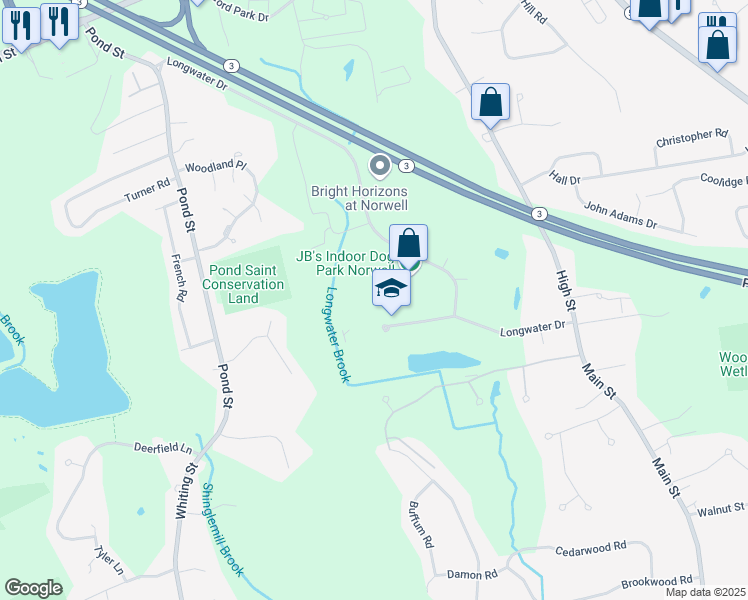 map of restaurants, bars, coffee shops, grocery stores, and more near 100 Longwater Circle in Norwell