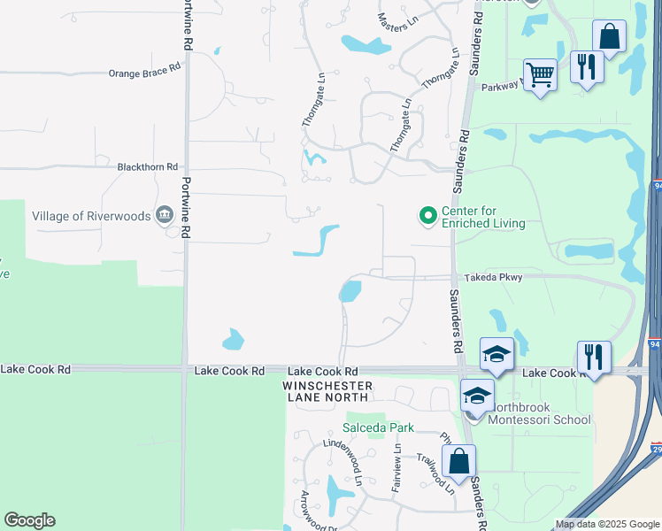 map of restaurants, bars, coffee shops, grocery stores, and more near 2500 Lake Cook Road in Riverwoods
