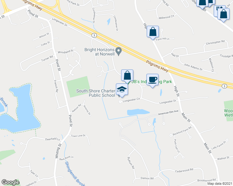 map of restaurants, bars, coffee shops, grocery stores, and more near 100 Longwater Circle in Norwell