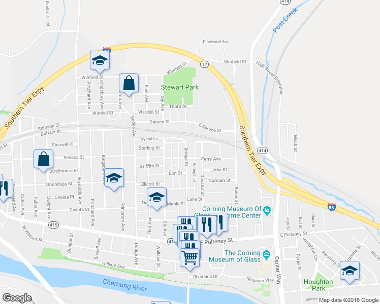 map of restaurants, bars, coffee shops, grocery stores, and more near 250 South Bridge Street in Corning
