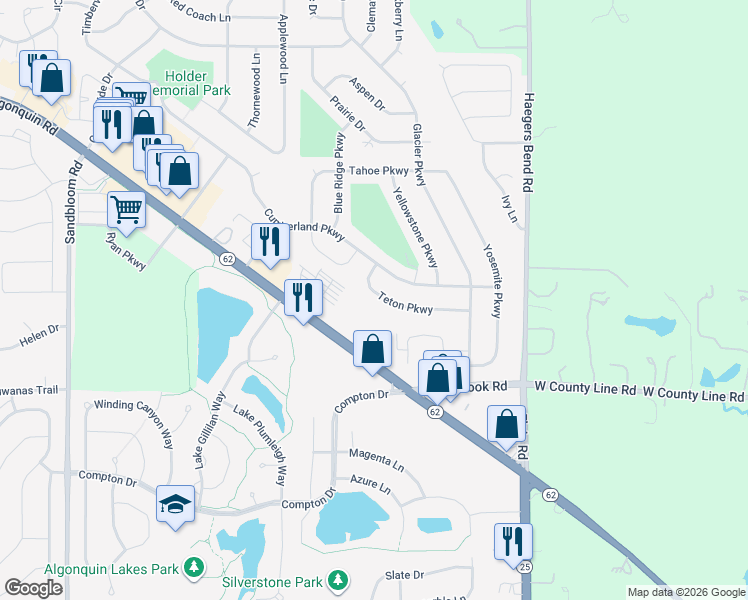 map of restaurants, bars, coffee shops, grocery stores, and more near 2037 Teton Parkway in Algonquin