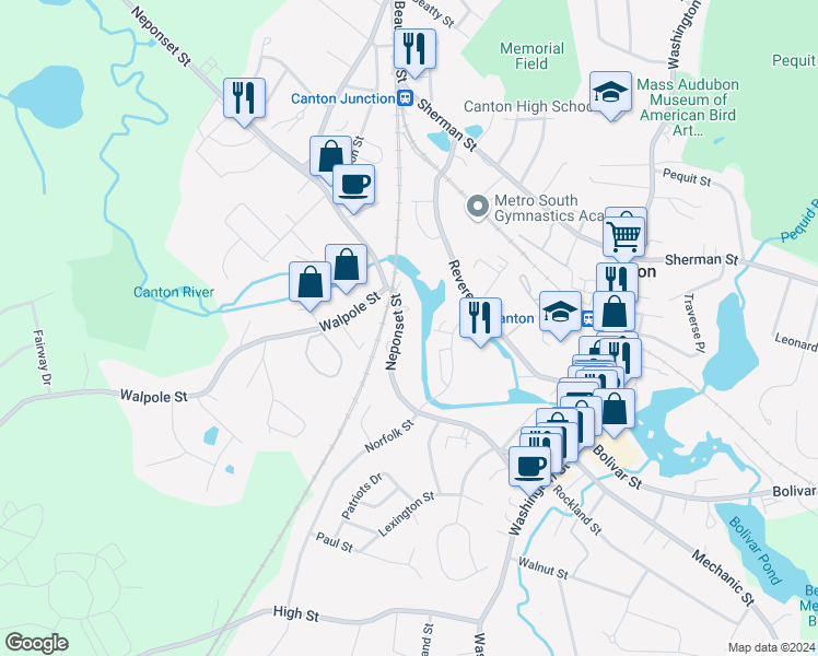 map of restaurants, bars, coffee shops, grocery stores, and more near in Canton