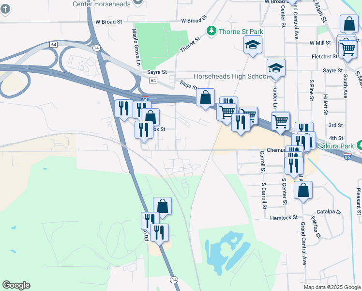 map of restaurants, bars, coffee shops, grocery stores, and more near 1005 Lackawanna Avenue in Horseheads