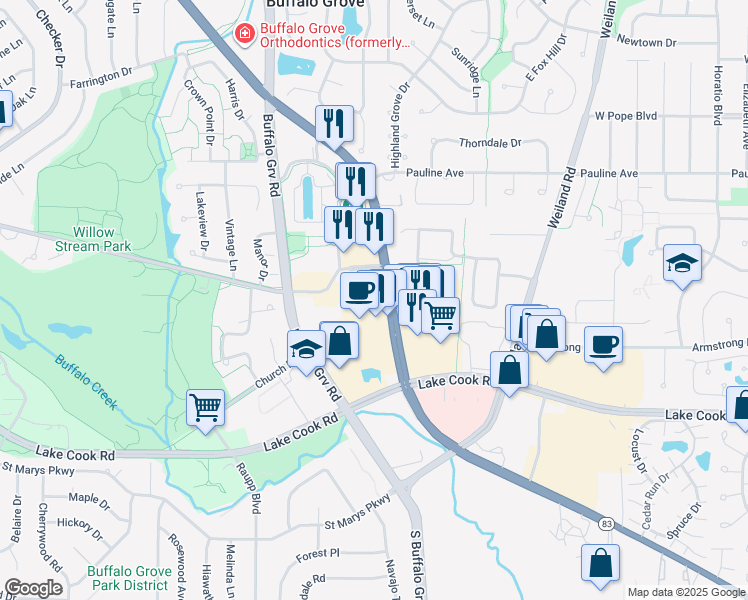 map of restaurants, bars, coffee shops, grocery stores, and more near 1 Bank Lane in Buffalo Grove