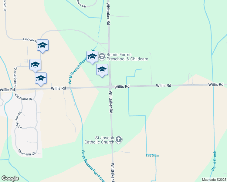 map of restaurants, bars, coffee shops, grocery stores, and more near 8006 Willis Road in Ypsilanti