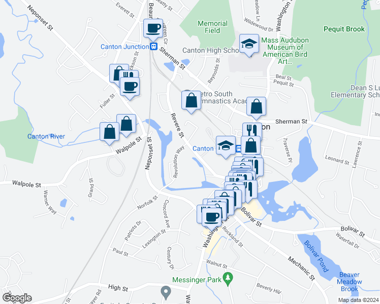 map of restaurants, bars, coffee shops, grocery stores, and more near 104 Revere Street in Canton