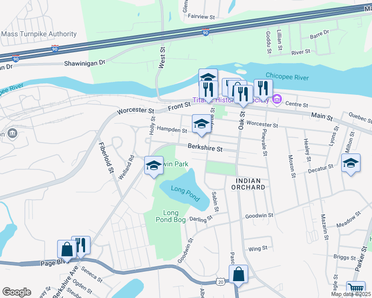 map of restaurants, bars, coffee shops, grocery stores, and more near 54 Berkshire Street in Springfield