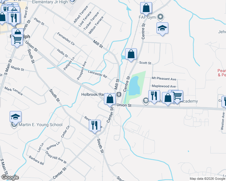 map of restaurants, bars, coffee shops, grocery stores, and more near 340 Mill Street in Randolph