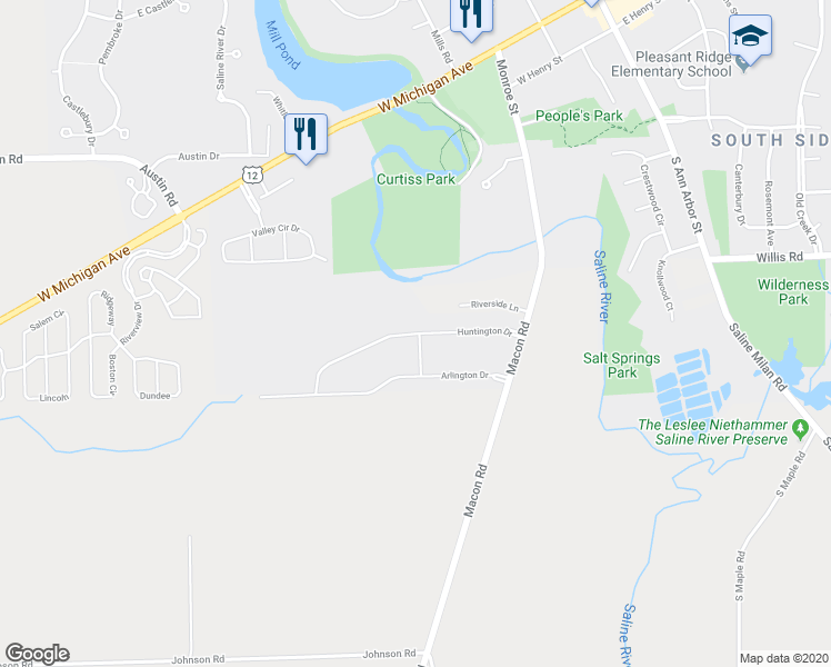 map of restaurants, bars, coffee shops, grocery stores, and more near 585 Huntington Drive in Saline