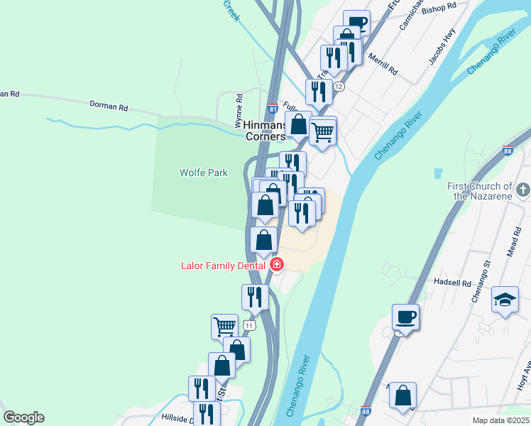 map of restaurants, bars, coffee shops, grocery stores, and more near Front Street in Binghamton