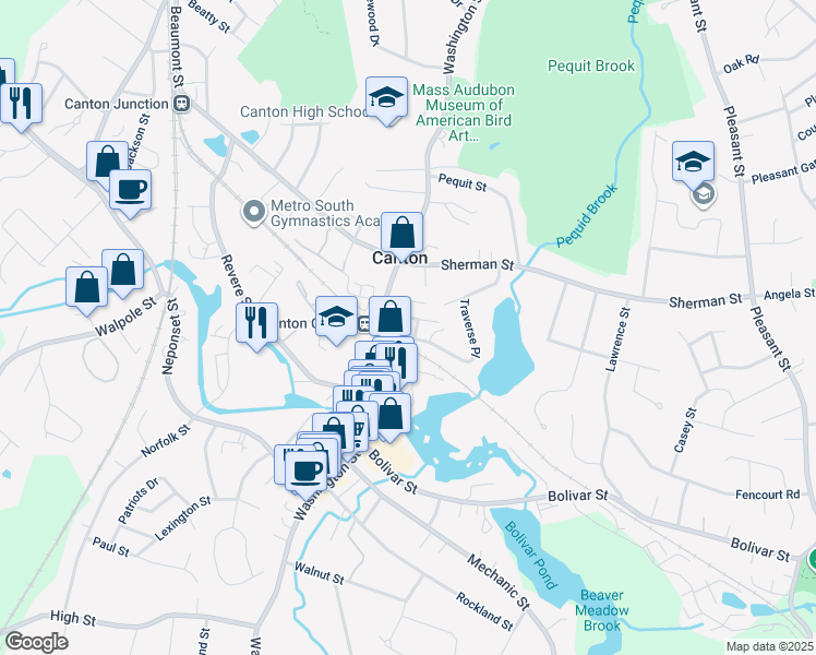 map of restaurants, bars, coffee shops, grocery stores, and more near 1 Centre Street in Canton