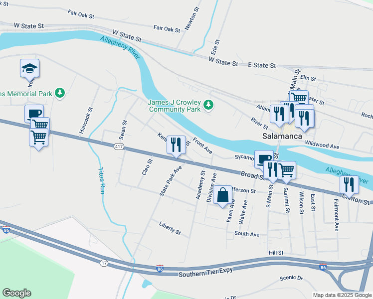 map of restaurants, bars, coffee shops, grocery stores, and more near 101 Front Avenue in Salamanca