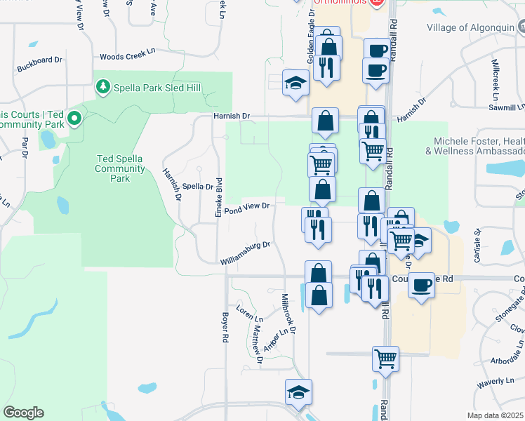 map of restaurants, bars, coffee shops, grocery stores, and more near 2605 Pondview Drive in Algonquin