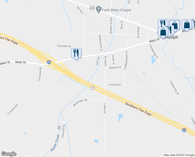 map of restaurants, bars, coffee shops, grocery stores, and more near 42 Larkin Street in Randolph