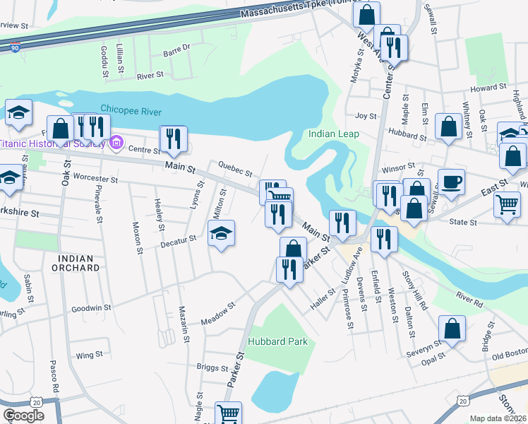 map of restaurants, bars, coffee shops, grocery stores, and more near 391 Main Street in Springfield