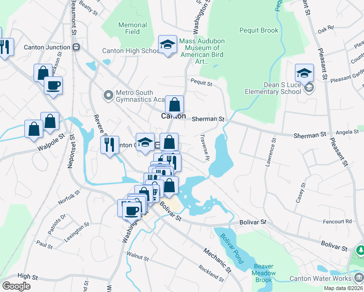 map of restaurants, bars, coffee shops, grocery stores, and more near 9 Curtis Circle in Canton