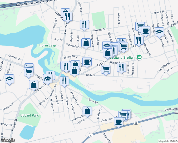 map of restaurants, bars, coffee shops, grocery stores, and more near 135 East Street in Ludlow