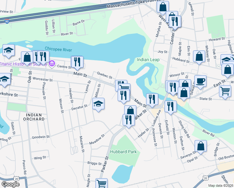 map of restaurants, bars, coffee shops, grocery stores, and more near 391 Main Street in Springfield