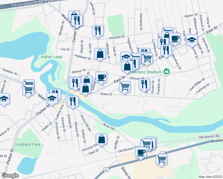map of restaurants, bars, coffee shops, grocery stores, and more near 176 East Street in Ludlow
