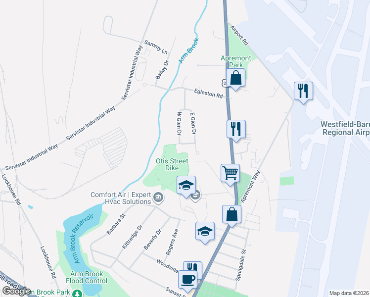 map of restaurants, bars, coffee shops, grocery stores, and more near 31 West Glen Drive in Westfield