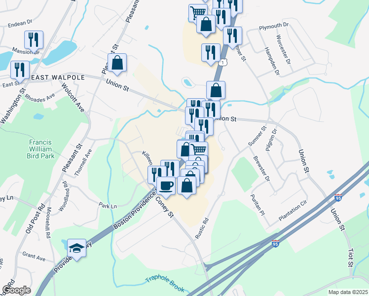map of restaurants, bars, coffee shops, grocery stores, and more near 75 Boston-Providence Turnpike in Walpole