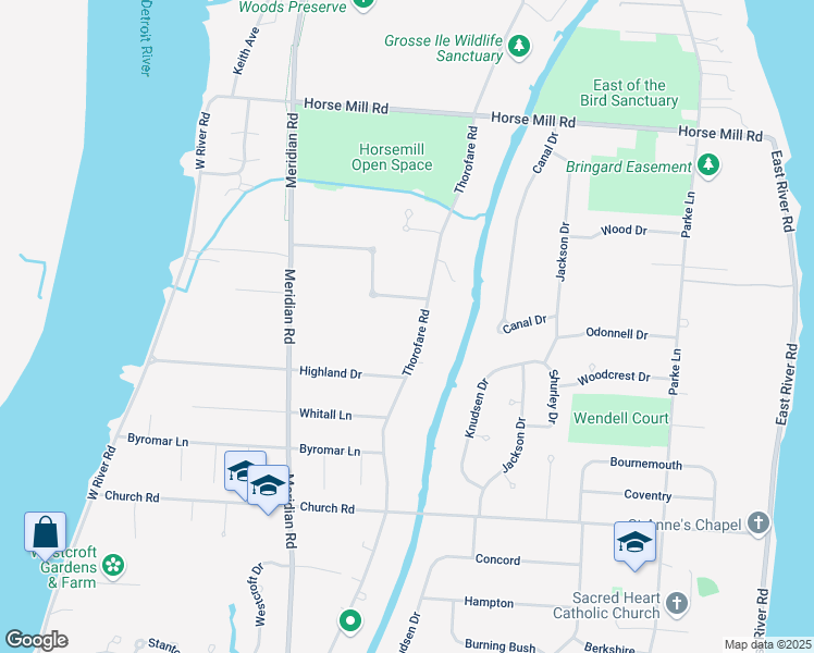 map of restaurants, bars, coffee shops, grocery stores, and more near 20866 Thorofare Road in Grosse Ile Township