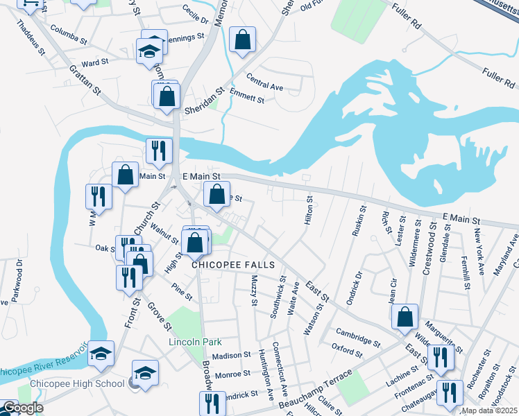 map of restaurants, bars, coffee shops, grocery stores, and more near 46 Linden Street in Chicopee