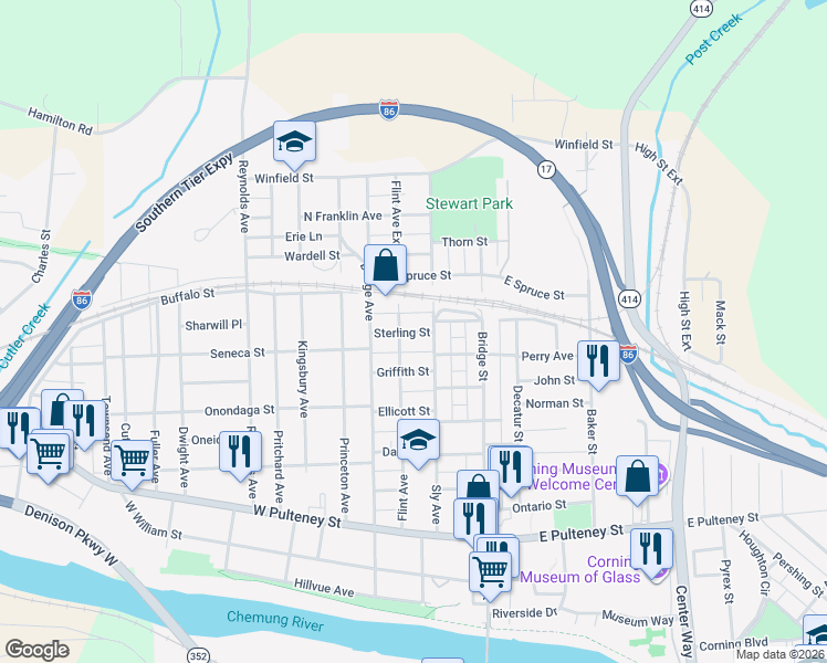 map of restaurants, bars, coffee shops, grocery stores, and more near 67 Sterling Street in Corning