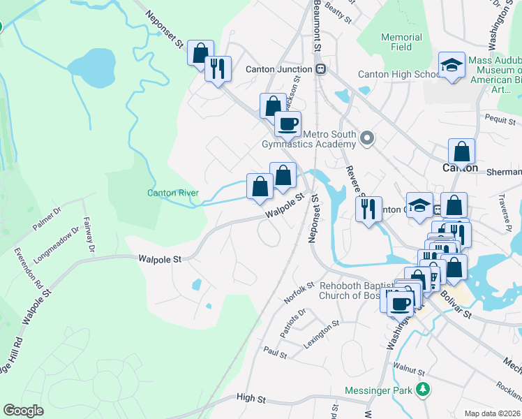map of restaurants, bars, coffee shops, grocery stores, and more near 40 Walpole Terrace in Canton