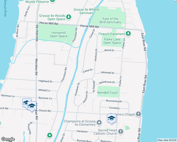 map of restaurants, bars, coffee shops, grocery stores, and more near 20693 Canal Drive in Grosse Ile Township