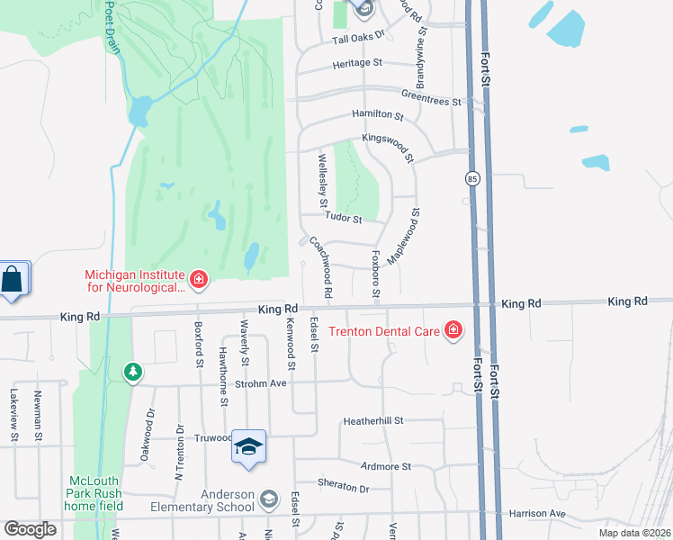 map of restaurants, bars, coffee shops, grocery stores, and more near 20676 Maplewood Street in Riverview