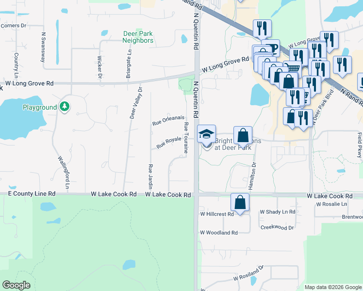 map of restaurants, bars, coffee shops, grocery stores, and more near 139 Rue Touraine in Deer Park
