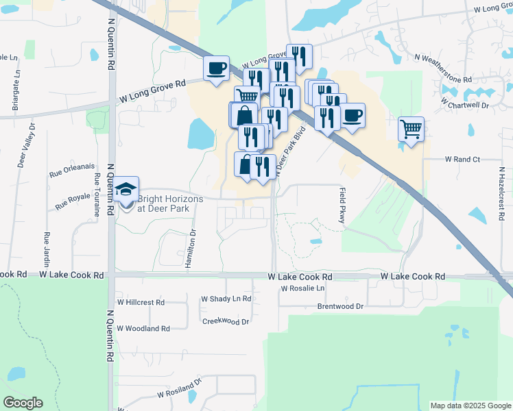 map of restaurants, bars, coffee shops, grocery stores, and more near 21599 West Field Court in Deer Park