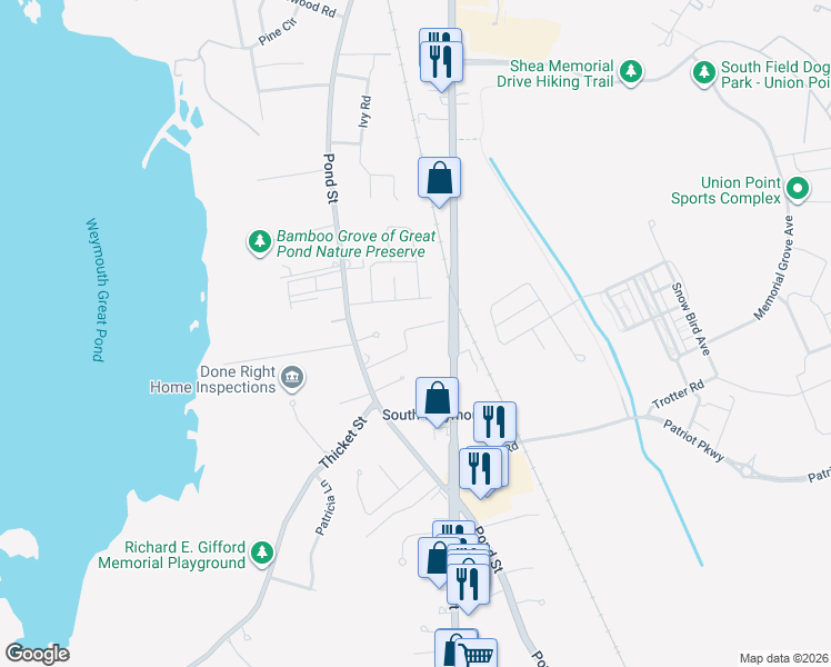 map of restaurants, bars, coffee shops, grocery stores, and more near 80 Barbara Lane in Weymouth