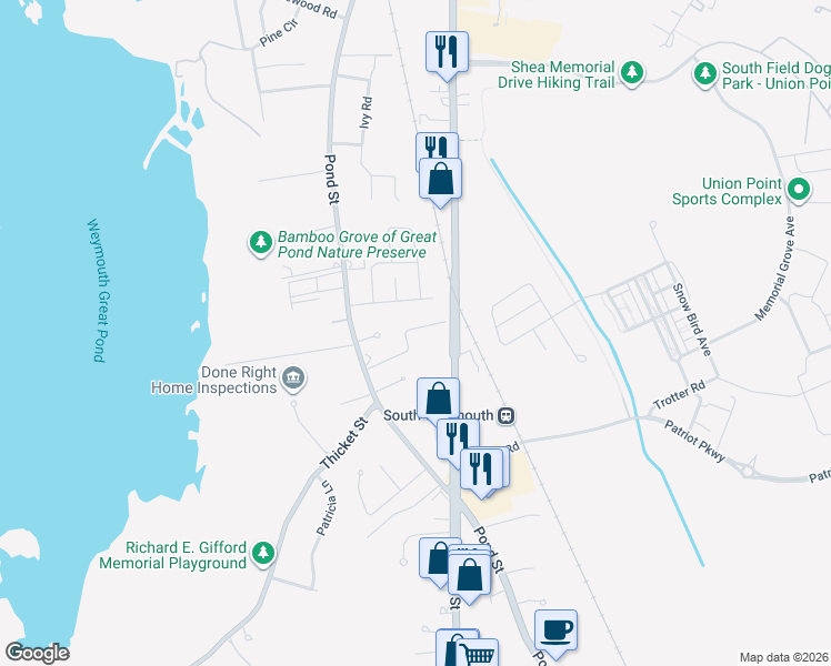 map of restaurants, bars, coffee shops, grocery stores, and more near 80 Barbara Lane in Weymouth
