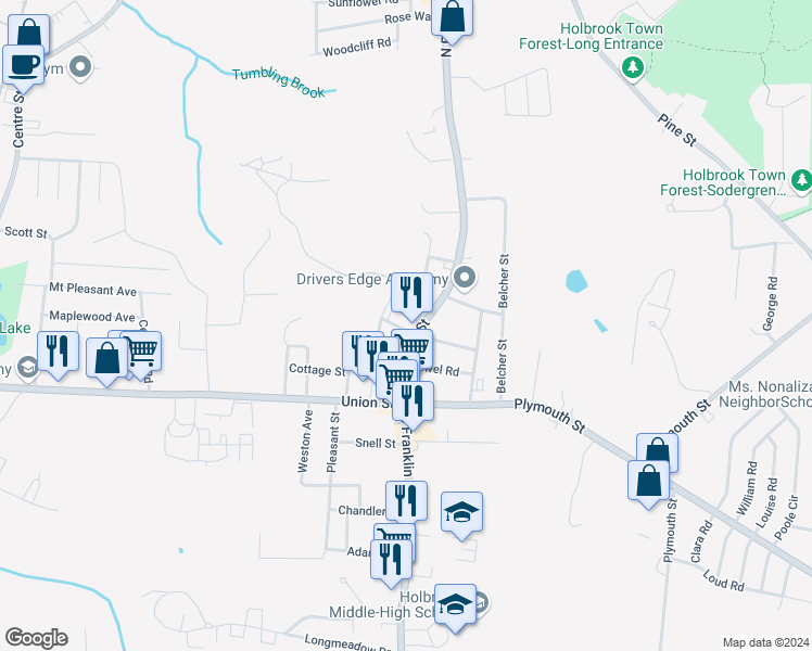 map of restaurants, bars, coffee shops, grocery stores, and more near 140 North Franklin Street in Holbrook
