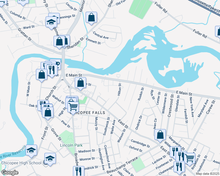 map of restaurants, bars, coffee shops, grocery stores, and more near 336 East Main Street in Chicopee
