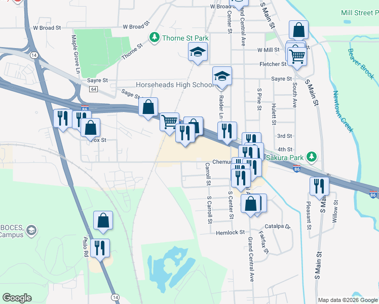 map of restaurants, bars, coffee shops, grocery stores, and more near 1020 Center Street in Horseheads