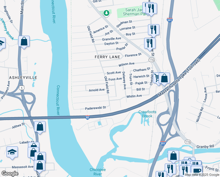 map of restaurants, bars, coffee shops, grocery stores, and more near 13 Dix Avenue in Chicopee
